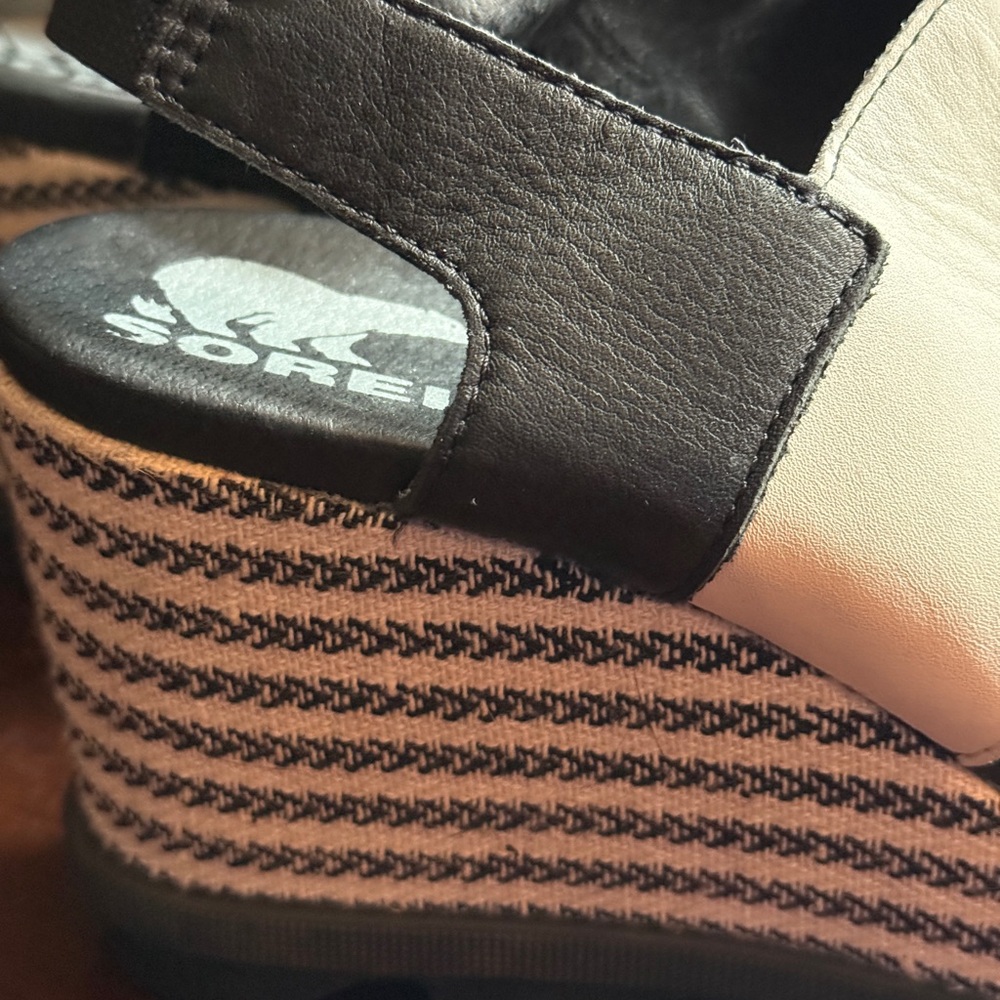 Sorel Black and Cream Striped Wedge Sandals